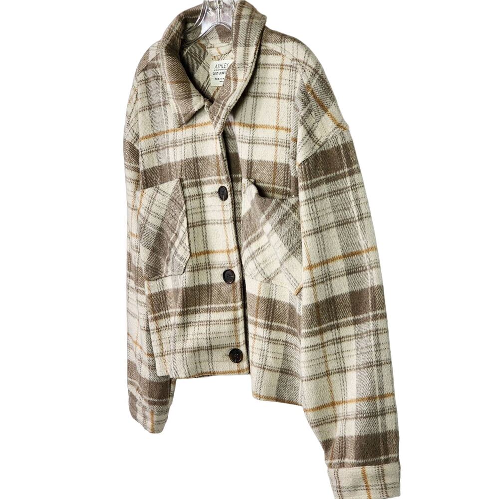 Plaid Wool Blend Barn Jacket XL Cropped Shacket Neutral Cabincore Western - Picture 6 of 11
